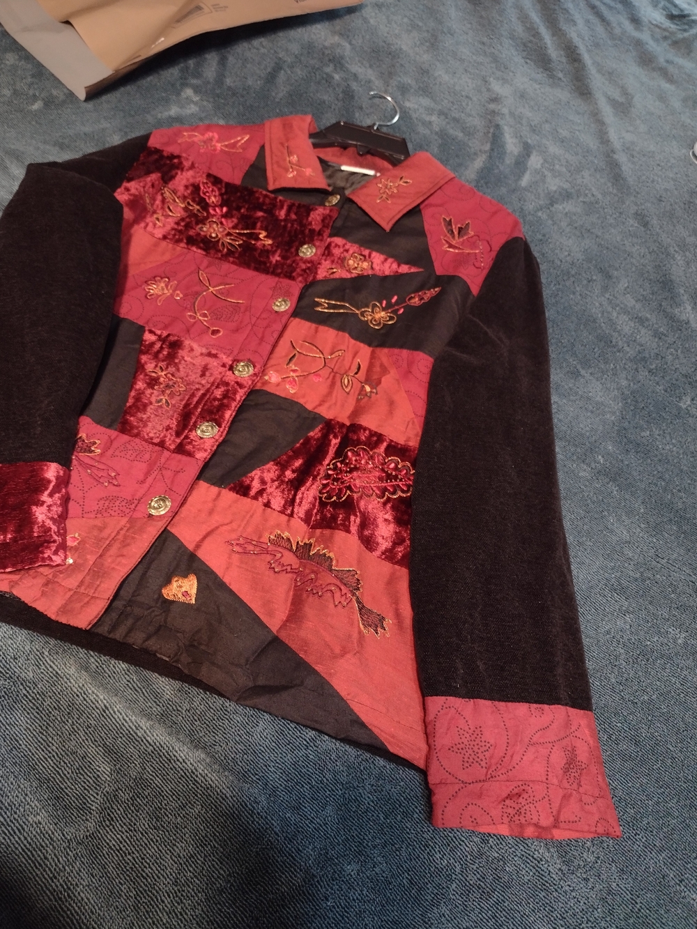 White Stag Patchwork Embroidered Jacket in Red & Black